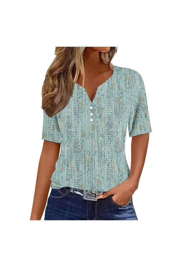 Womens Fashion Print Tops Short Sleeve Henley V Neck Shirts Casual Hollowed Out Tees Summer Loungewear Clothings
