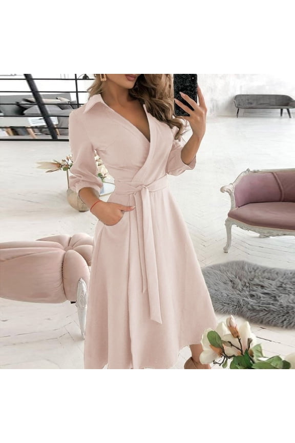 Womens Fashion Pure Color V-neck Lacing Slim Body Wrap Long Dress Maternity Dresses Casual Shirt Dress Summer Wrap Dresses Summer Womens Summer Dress Juniors Summer Dresses Romper Dress with Pockets
