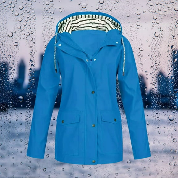 Womens Fashion Rain Jacket With Hood Lightweight Long Sleeve Windbreaker Zip Up Drawstring Raincoat With Pockets Windbreaker Jacket Womens plus Size Winter Coats Rain Jackets Girls Nylon Jacket Womens