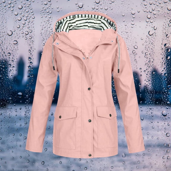 Womens Fashion Rain Jacket With Hood Lightweight Long Sleeve Windbreaker Zip Up Drawstring Raincoat With Pockets Windbreaker Jacket Womens plus Size Winter Coats Rain Jackets Girls Nylon Jacket Womens