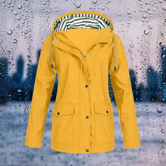 Womens Fashion Rain Jacket With Hood Lightweight Long Sleeve Windbreaker Zip Up Drawstring Raincoat With Pockets Windbreaker Jacket Womens plus Size Winter Coats Rain Jackets Girls Nylon Jacket Womens