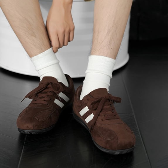 Womens Fashion Retro Training Sneakers, Lace Up Non Slip Walking Shoes, Faux Suede Stripe Casual Daily Footwear Brown 39