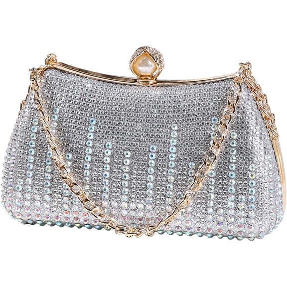 Womens Fashion Rhinestone Evening Handbag with Chain Shiny Tote Clutch Bag