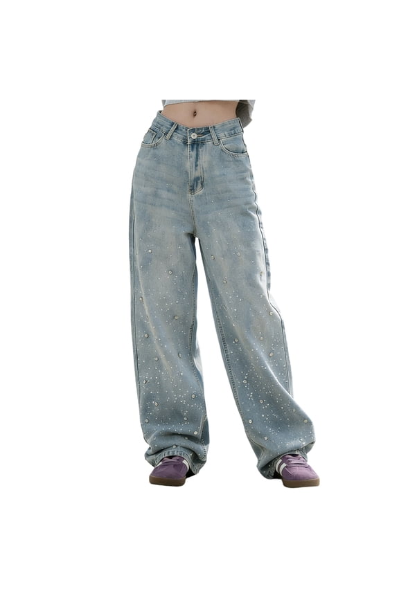 Womens Fashion Rhinestone Inlaid Jeans Wide Leg Loose Fit Denim Pants High Waisted Casual Long Trousers Sparkle Bling Jeans for Women