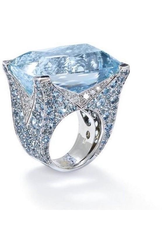 Womens Fashion Ring Blue Square Stone Electroplated European American Design Dazzling Statement Jewelry Gift For Women