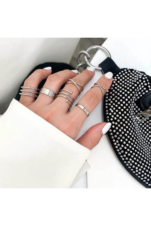 Womens Fashion Ring Set: 6 Geometric Cross Rings, Plated Alloy, Casual Style, Stackable Knuckle Rings for Women
