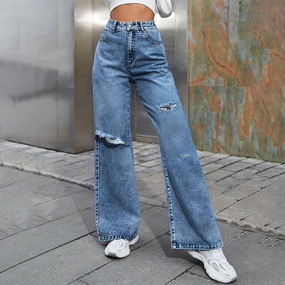 Womens Fashion Ripped Jeans with Pockets High Waisted Denim Pants for Women Casual Straight Leg Pants Wide Leg Jean Pants