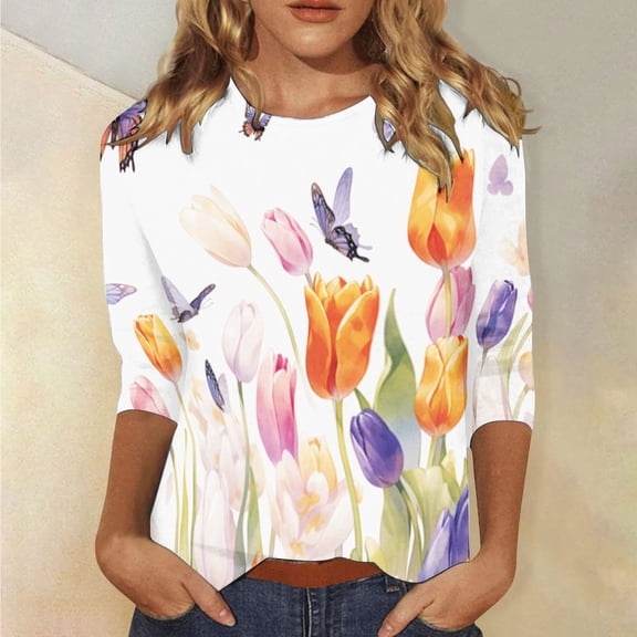 Womens Fashion Round Neck Floral Print Button Casual Loose 3/4 Sleeve 7/4 Sleeve Shirt T Shirt Top Womens Top Light Shirts for Women Tops Womens Women Athletic Shirt Womens Oversized Tee Athletic Top
