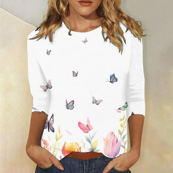 Womens Fashion Round Neck Floral Print Button Casual Loose 3/4 Sleeve 7/4 Sleeve Shirt T Shirt Top Womens Top Light Shirts for Women Tops Womens Women Athletic Shirt Womens Oversized Tee Athletic Top