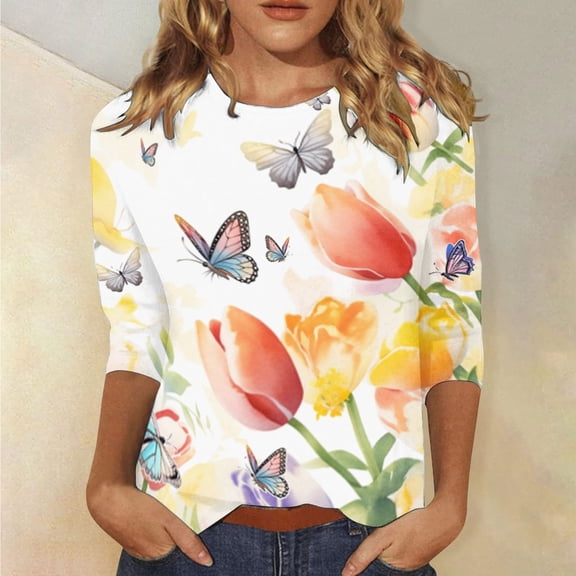 Womens Fashion Round Neck Floral Print Button Casual Loose 3/4 Sleeve 7/4 Sleeve Shirt T Shirt Top Womens Top Light Shirts for Women Tops Womens Women Athletic Shirt Womens Oversized Tee Athletic Top