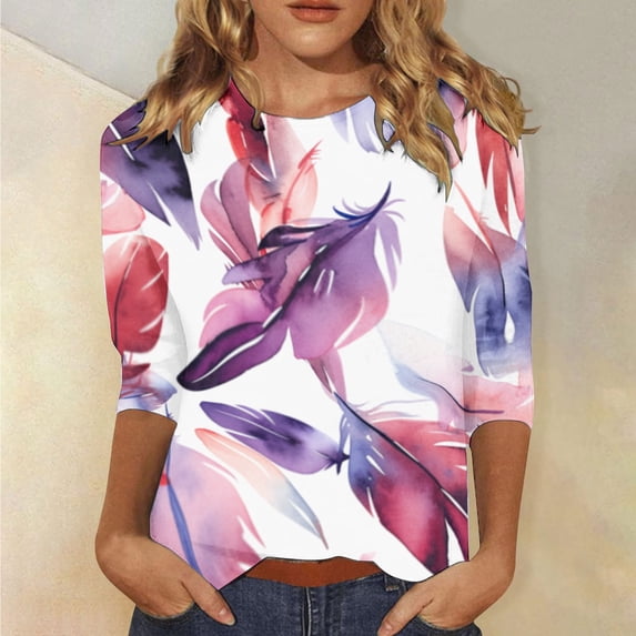 Womens Fashion Round Neck Floral Print Button Casual Loose 3/4 Sleeve 7/4 Sleeve Shirt Tshirt Top Long Sleeve Shirt Plain Women Pack Shirt Tech Sleeve Casual T Shirts for Women Active Top Pack Women