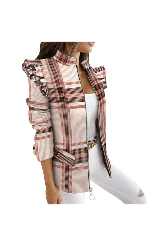 Womens Fashion Ruffle Trim Blazer Casual Work Blazer Office Jacket Blazer for Business Lady Houndstooth Zipper Coat