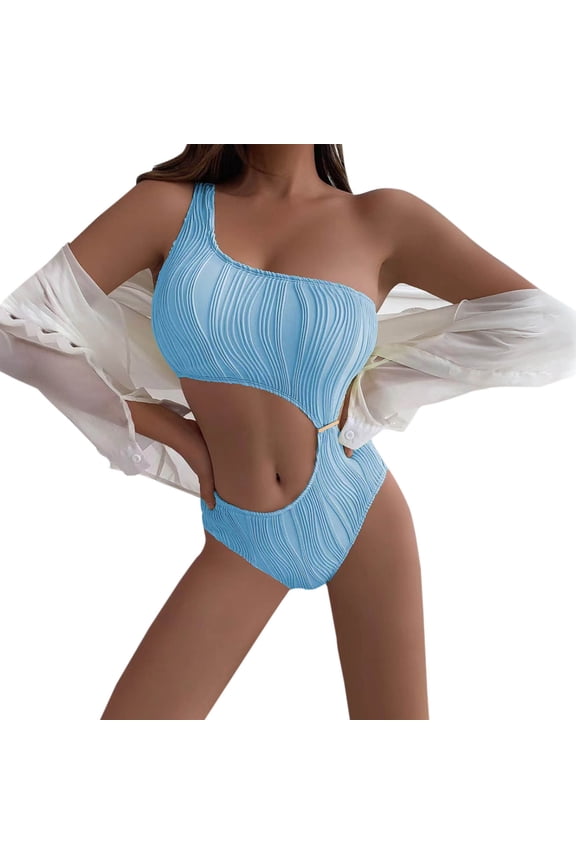 Womens Fashion SMihono Women's One Shoulder Cutout Swimsuit Solid High Cut Bathing Suits Textured Crisscross Backless Monokini Sky Blue 8