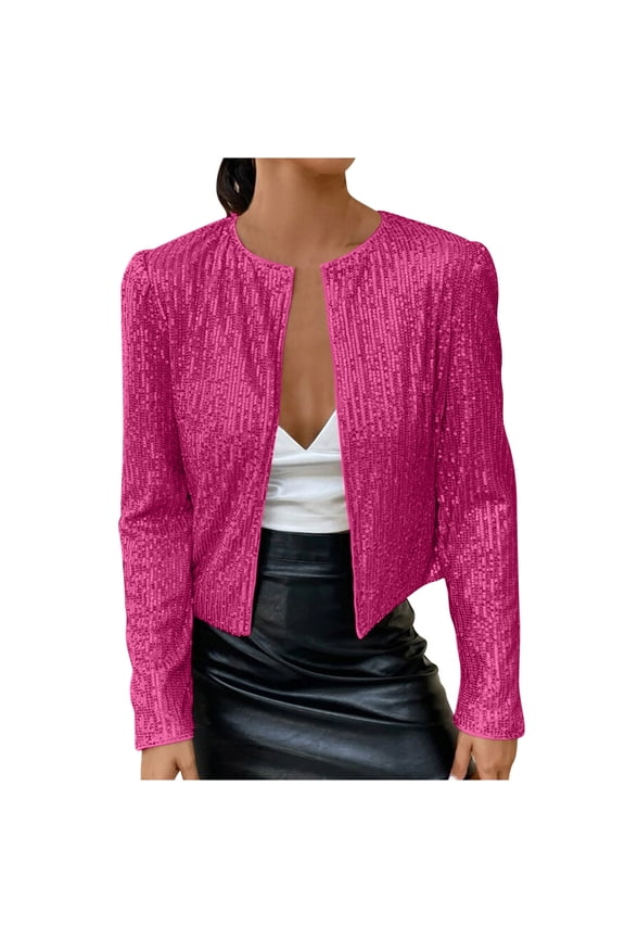 Womens Fashion Sequin Crop Jacket Long Sleeve Plus Size Open Front Sparkly Short Cardigan Outwear Party Outfit XL-4XL (X-Large, Hot Pink)