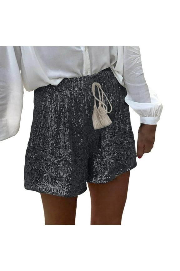 Womens Fashion Sequin Sparkly Shorts Tassel Drawcord Elastic High Waist Shiny Clubwear Casual Loose Hot Short Pant (2XL, Black)
