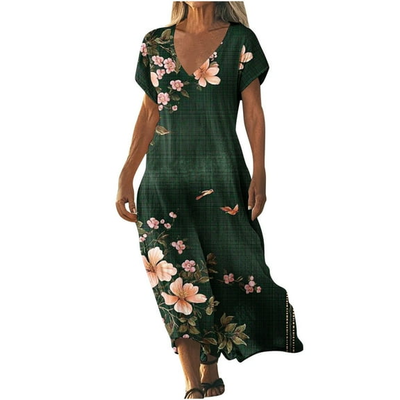 Womens Fashion Short Sleeve A-Line Dresses Party Summers Loose Fit Floral Print Dress V Neck