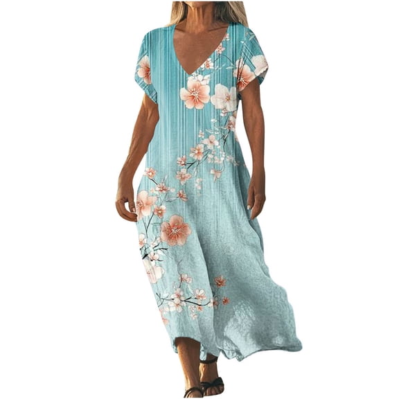Womens Fashion Short Sleeve A-Line Dresses Party Summers Loose Fit Floral Print Dress V Neck