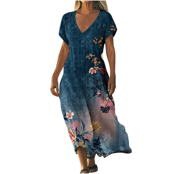 Womens Fashion Short Sleeve A-Line Dresses Party Summers Loose Fit Floral Print Dress V Neck