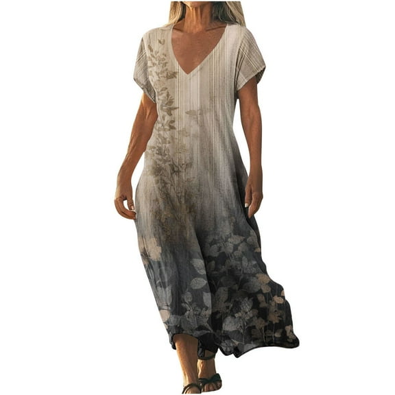 Womens Fashion Short Sleeve A-Line Dresses Party Summers Loose Fit Floral Print Dress V Neck