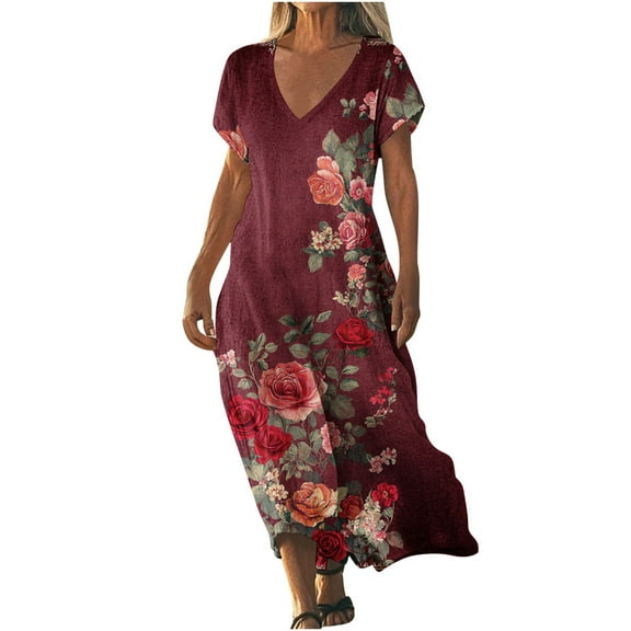 Womens Fashion Short Sleeve A-Line Dresses Party Summers Loose Fit Floral Print Dress V Neck