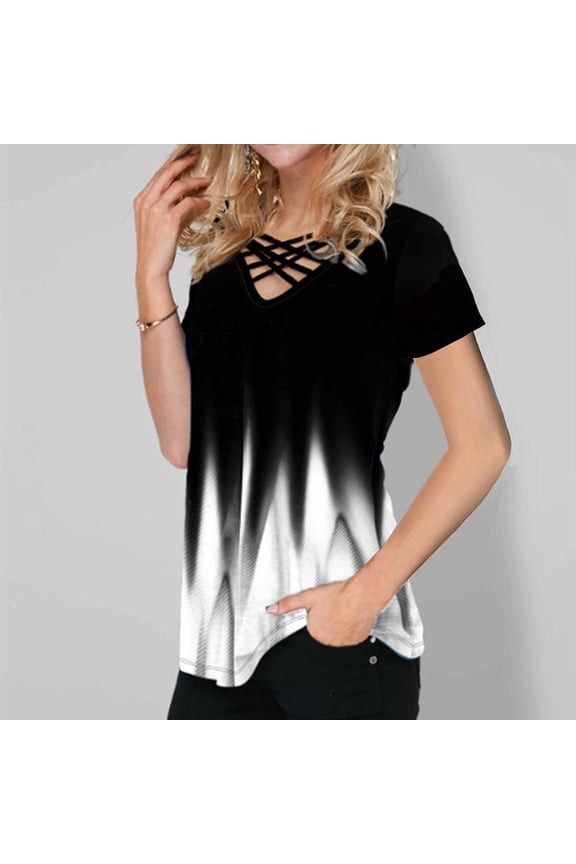 Womens Fashion Short Sleeve Blouse Printed Gradient V Neck Cross Strap T Shirt Casual Colorful Pullover Shirt Plus Size