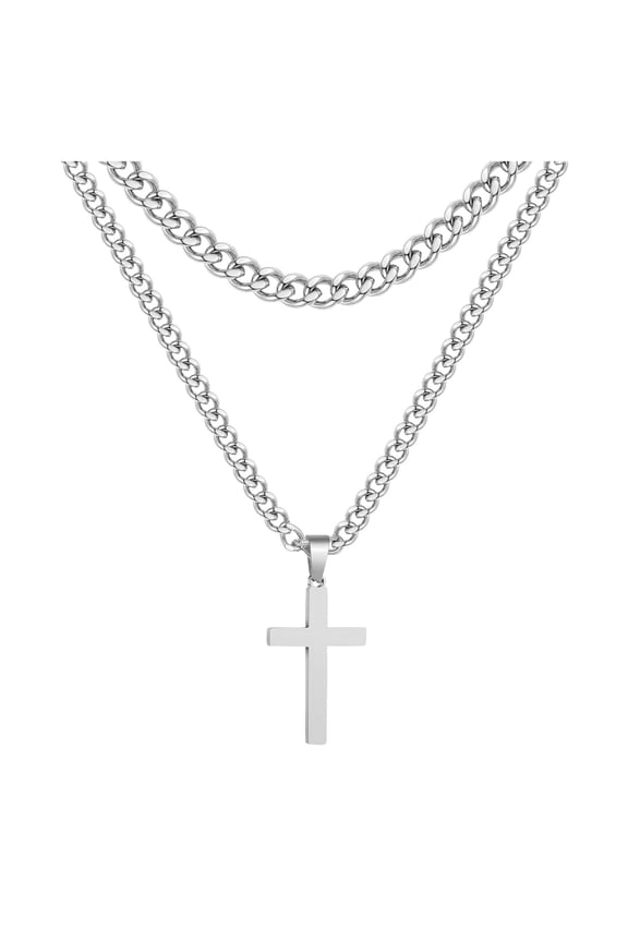 Womens Fashion Silver Stainless Steel Layered Crossing Necklace, Stainless Steel, Silver, One Size, Layered Chain for Men and Women