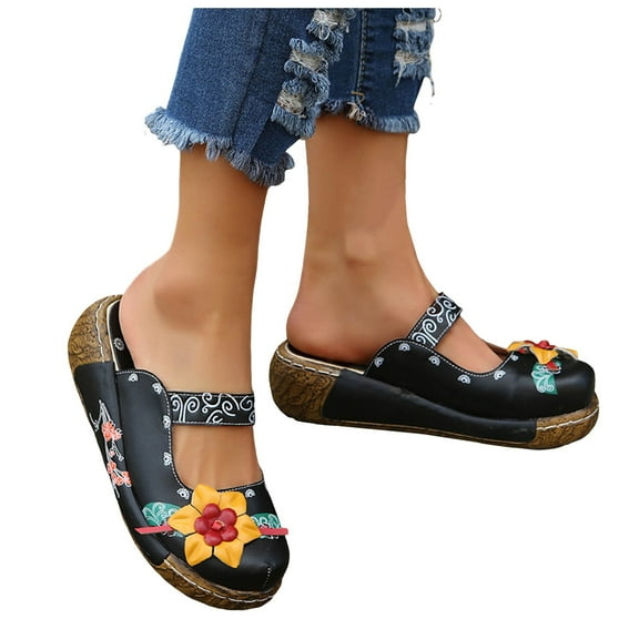 Womens Fashion Slip On Sandals Bohemian Flower Platform Retro Sandals Casual Round Toe Summer Shoes