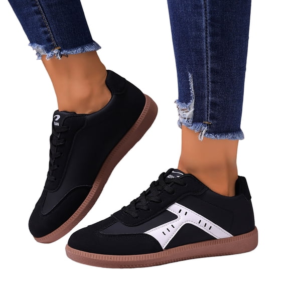 Womens Fashion Sneakers Color Block Suede Casual Trainers Athletic Shoes Classic Antislip Sole Lace up Skate Shoes Round Toe Tennis Shoes Black Size 9