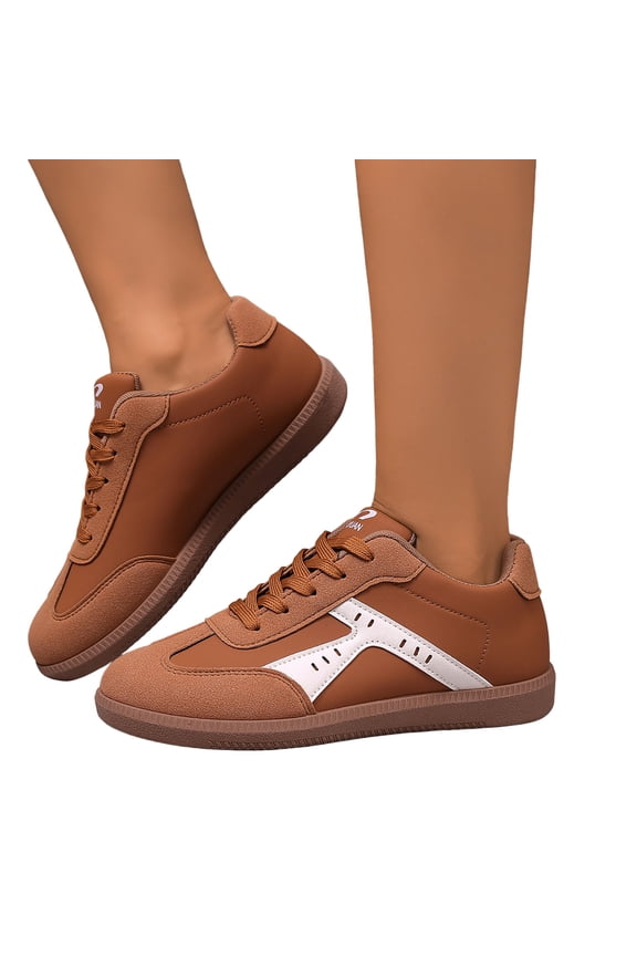 Womens Fashion Sneakers Color Block Suede Casual Trainers Athletic Shoes Classic Antislip Sole Lace up Skate Shoes Round Toe Tennis Shoes Brown Size 9