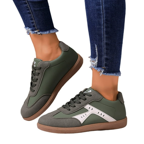 Womens Fashion Sneakers Color Block Suede Casual Trainers Athletic Shoes Classic Antislip Sole Lace up Skate Shoes Round Toe Tennis Shoes Green Size 7