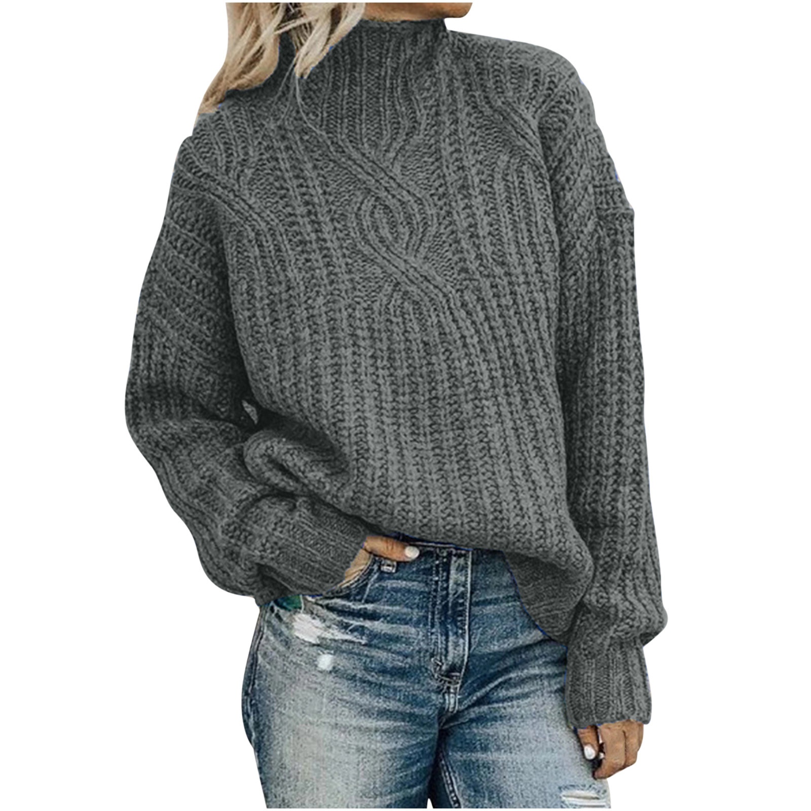 Womens Fashion Solid Long Sleeve Sweater Loose Turtleneck knitting ...