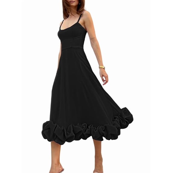 Womens Fashion Spaghetti Strap Flowy A-Line Dress with 3D Floral Appliques Party Maxi Gown Black S