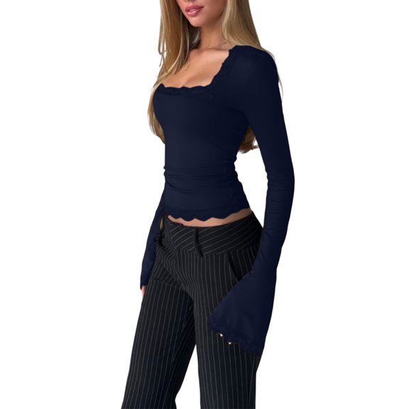 Womens Fashion Square Neck Lace Long Bell Sleeves Shirts Double Lined Casual Slim Fit Tops