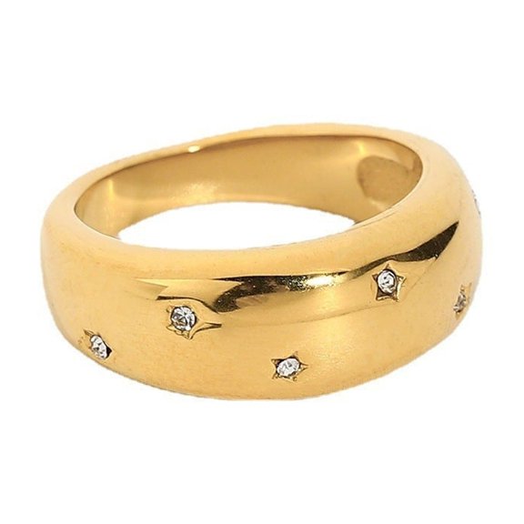 Womens Fashion Stainless Steel Star Inlaid Zircon Ring Geometric Design Simple Style Elegant Ring for Women