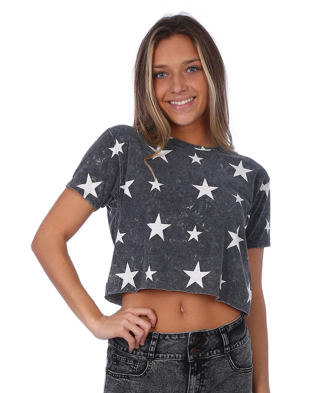 Womens Fashion Stars Crop Top Short Sleeve T-Shirt, Charcoal/White, Size: Small, Exist