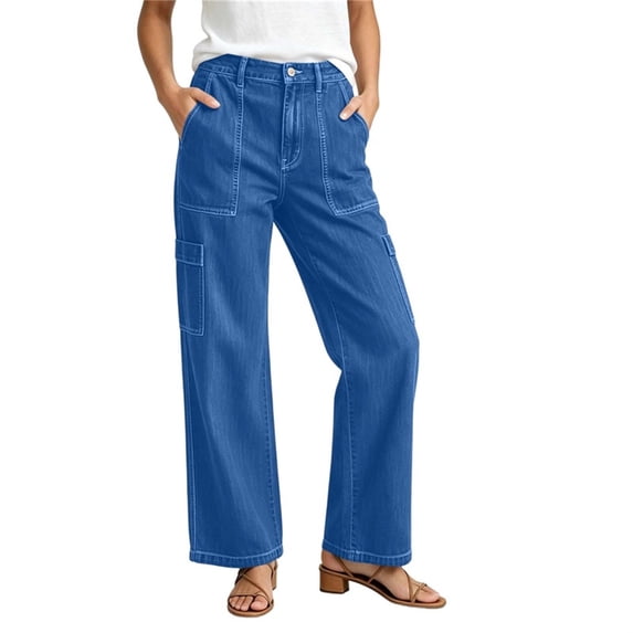Womens Fashion Straight Leg Jeans Button Zipper with Pockets Solid Color Denim Pants Casual Loose Long Trousers S-2XL Blue