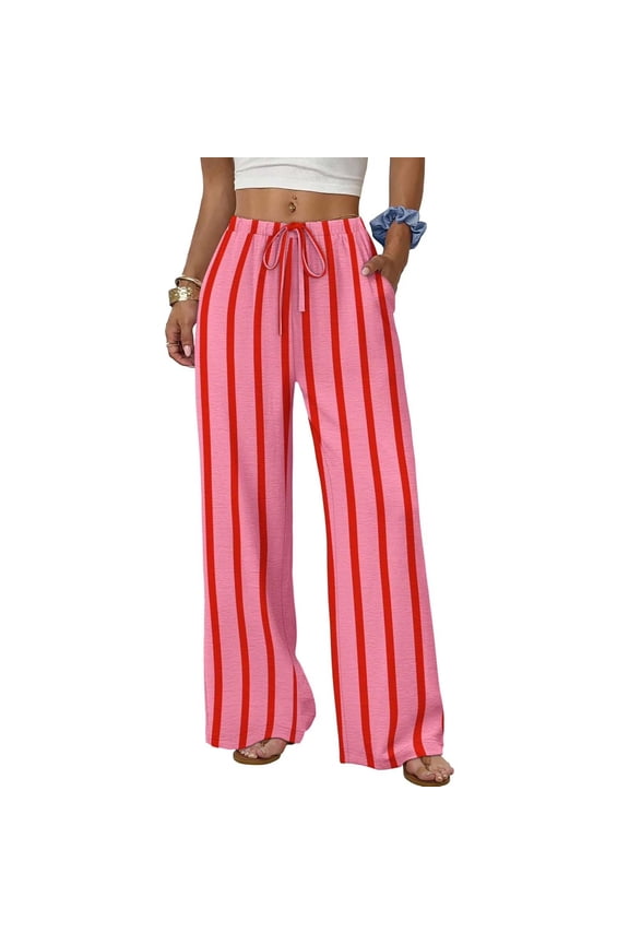 Womens Fashion Striped Wide Leg Pants with Drawstring Elastic Waist Loose Casual Trousers Featuring Side Pockets Soft Lightweight Breathable