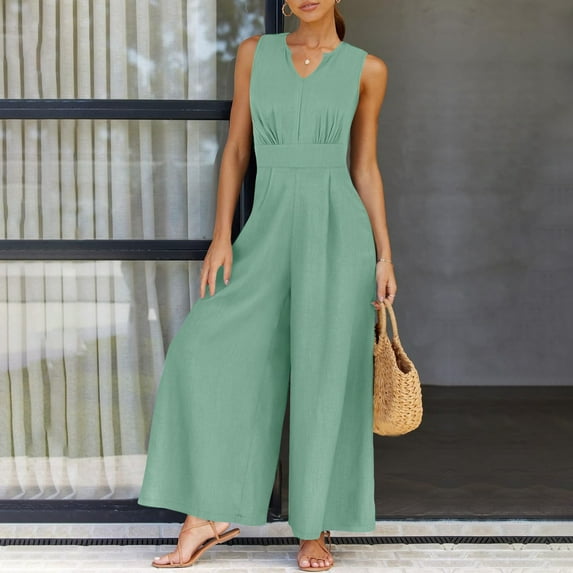Womens Fashion Summer Solid Casual Sleeveless Suspender Long Jumpsuit