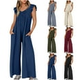 thumbnail image 1 of Womens Fashion Summer Solid Casual V Neck Sleeveless Belted High Waist Long Pants Rompers Dark Blue qILAKOG Size L, 1 of 8