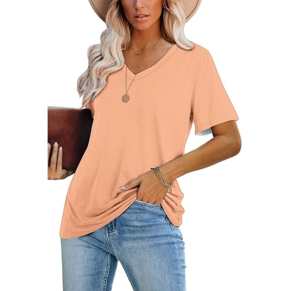 Womens Fashion Summer Tops 2025 Plus Size Casual Blouses Solid Color T-Shirt Short Sleeved V-Neck Top