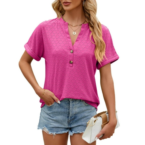 Womens Fashion Summer Tops 2025 Plus Size Casual Solid Short Sleeve V-neck Button T-shirt Top Blouse