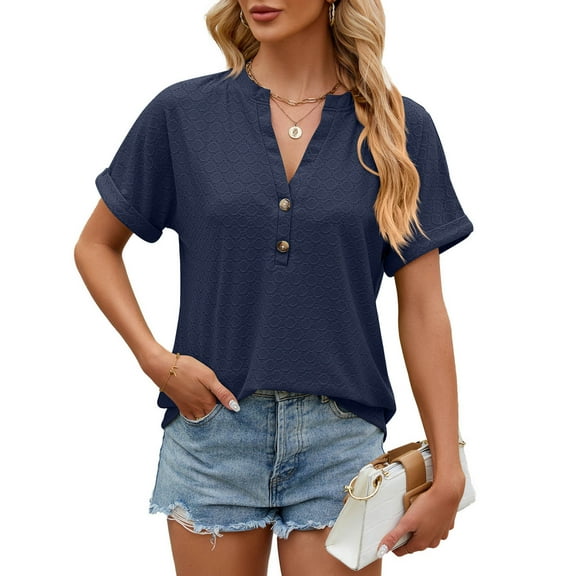 Womens Fashion Summer Tops 2025 Plus Size Casual Solid Short Sleeve V-neck Button T-shirt Top Blouse