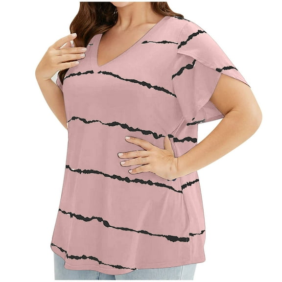 Womens Fashion Summer Tops 2025 Plus Size Large Leaf Sleeve Printed Short Sleeved V-Neck Top