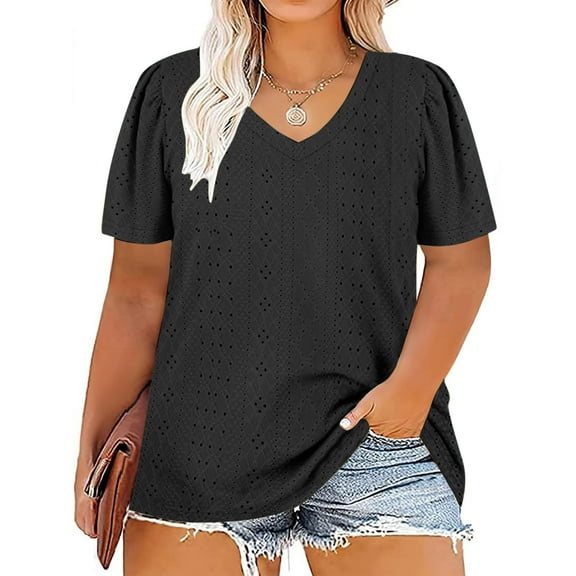 Womens Fashion Summer Tops 2025 Plus Size Large Size V-neck Solid Color Short Sleeve T-Shirt Loose Top