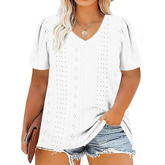 Womens Fashion Summer Tops 2025 Plus Size Large Size V-neck Solid Color Short Sleeve T-Shirt Loose Top