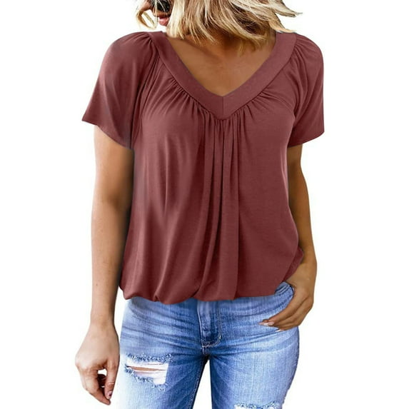Womens Fashion Summer Tops 2025 Plus Size Solid Color Causal V-Neck Blouse Short Sleeve T-Shirt Tops