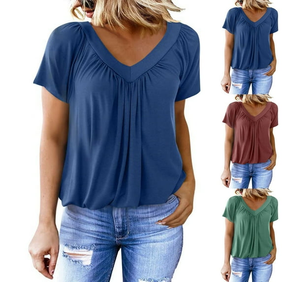 Womens Fashion Summer Tops 2025 Plus Size Solid Color Causal V-Neck Blouse Short Sleeve T-Shirt Tops