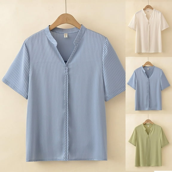 Womens Fashion Summer Tops 2025 Plus Size Solid Color Loose Shirts Tops Short Sleeve V-Neck Blouses