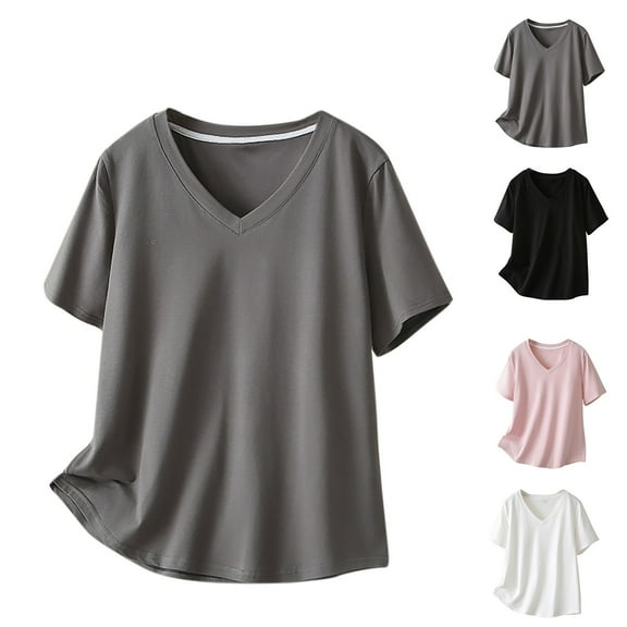 Womens Fashion Summer Tops 2025 Plus Size Solid Color Loose T-shirt Tops Short Sleeve V-Neck Blouses