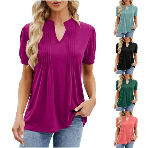 Womens Fashion Summer Tops 2025 Plus Size Spring And Short-Sleeved Casual V-Neck Ruffled Stretch T-Shirt Top